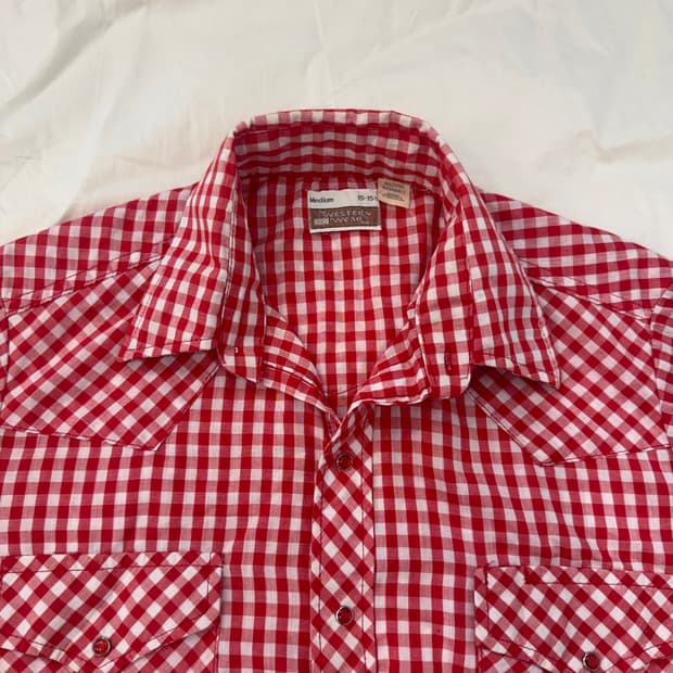 빈티지 웨스턴 셔츠 레드 깅엄 체크 반팔