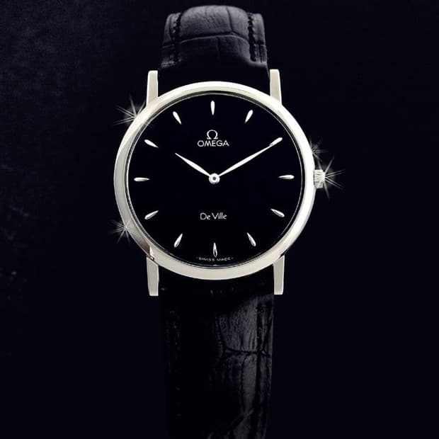 오메가 드빌 블랙판 쿼츠 남성 가죽 시계