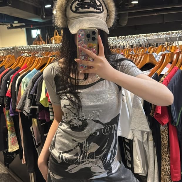 갸루글리터그레이반팔티