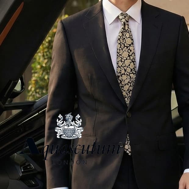 아쿠아스큐텀 실크 블랙 플로럴 넥타이 9.5cm A+등급 k1739