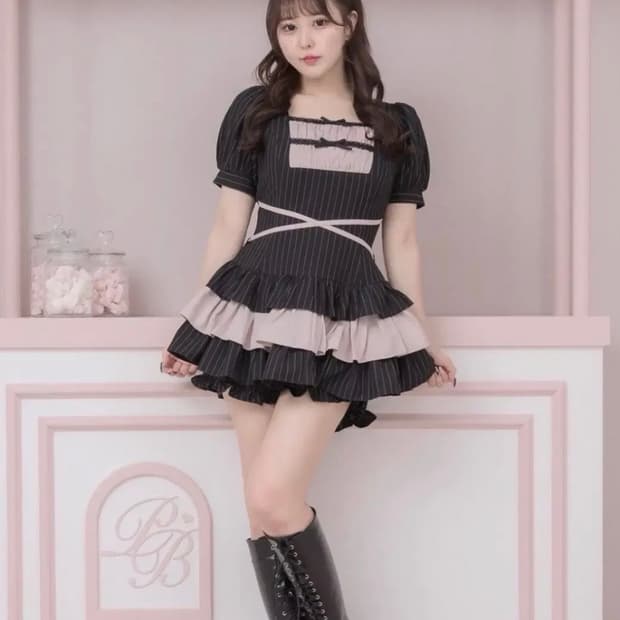 Pium 피움 사다리 리본 셋업 블랙x핑크