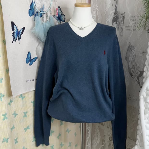 폴로 랄프로렌 블루 브이넥 니트