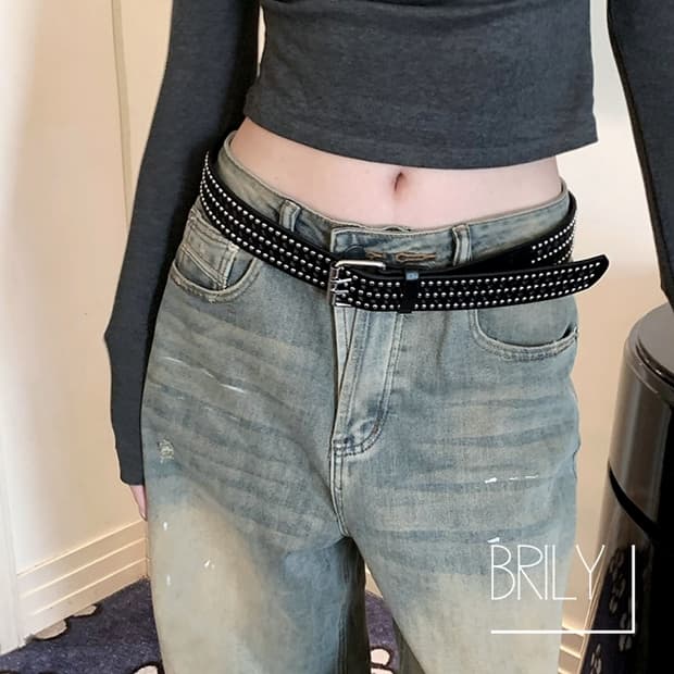 [Unisex] BELL 멀티 스터드 별 펀칭 가죽 벨트 블랙