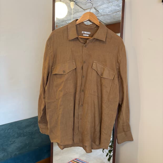 자라 린넨 셔츠 브라운 포켓 긴팔