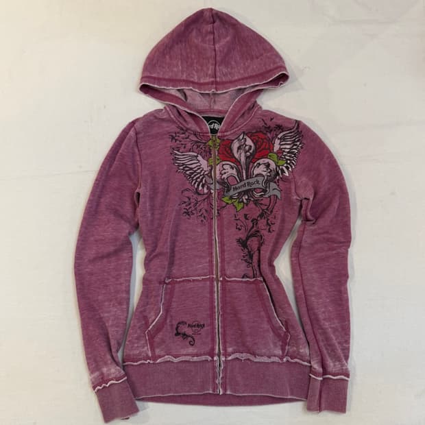 00s 하드락카페 y2k 딱붙핏 프린팅 핑크 후드집업