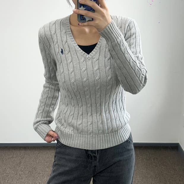 Polo 폴로 네이비포니 베이지 브이넥 케이블 니트