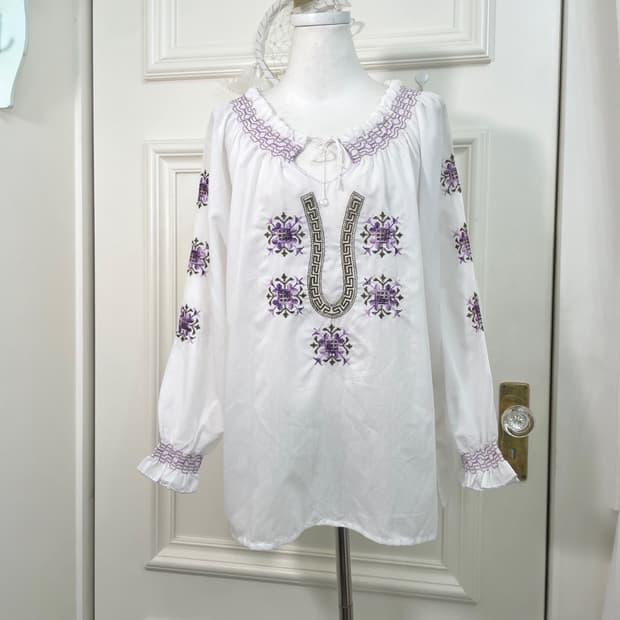 white purple embroidery loose cotton blo