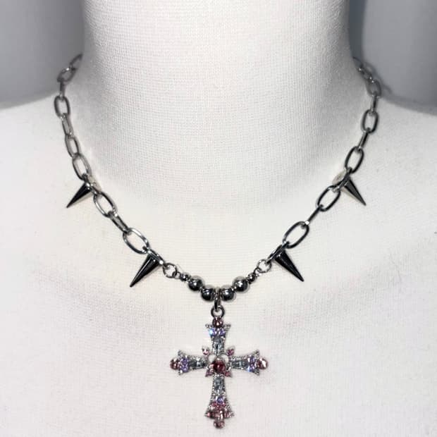(무료배송)핑크 큐빅 십자가 펑크 갸루 써지컬스틸 목걸이