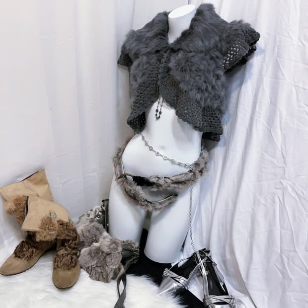 Oriental Knit Cardigan Rabbit Fur Trim