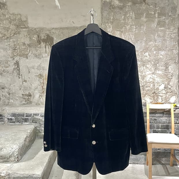 이브 생로랑 디퓨전 옴므 다크 블루 체크 2B 벨벳 블레이저