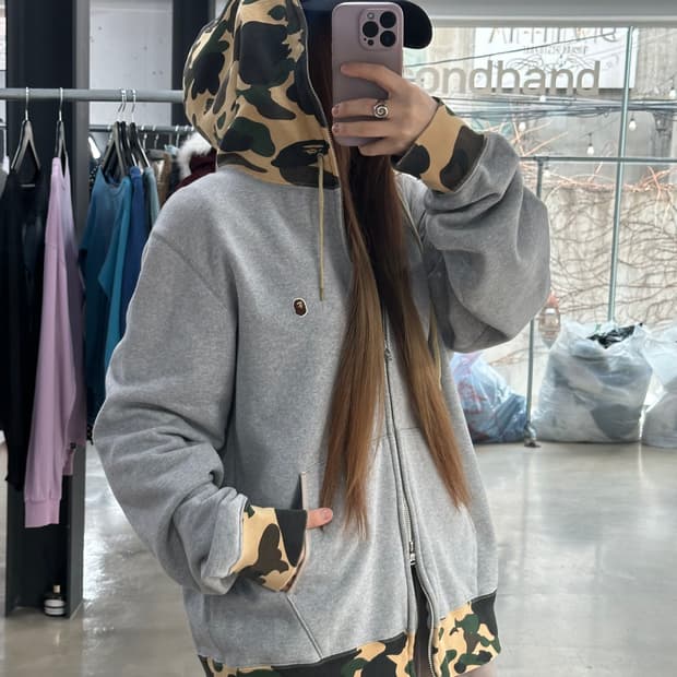 베이프 1st 카모 자수사루 원포인트황계 풀 후드집업 그레이