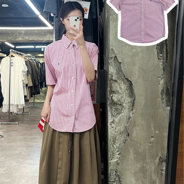 폴로 랄프로렌 스트라이프 반팔 셔츠 핑크 40 #csz4065