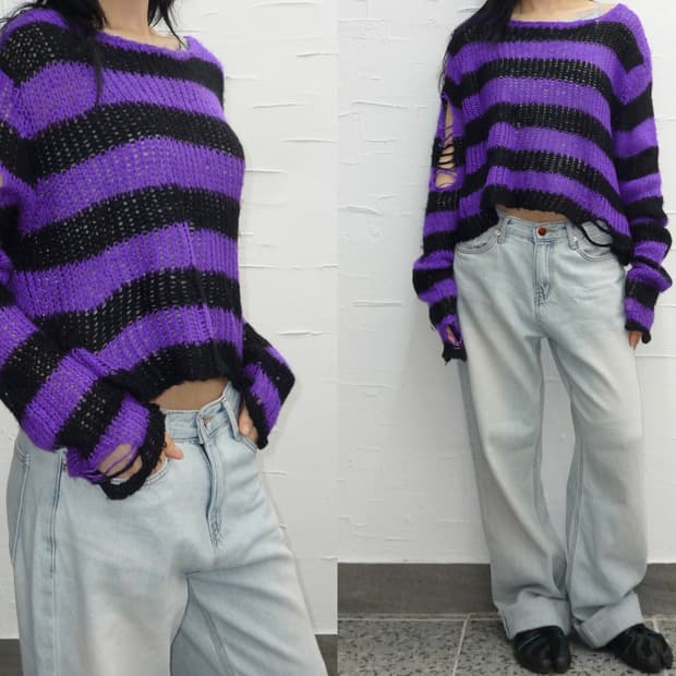 Distressed purple crop knit