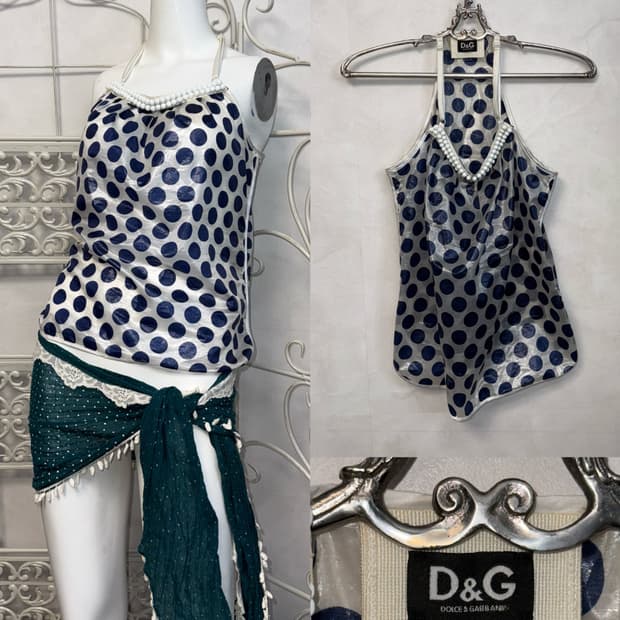 Dolce & Gabbana navy dot pvc silk 슬리브리스