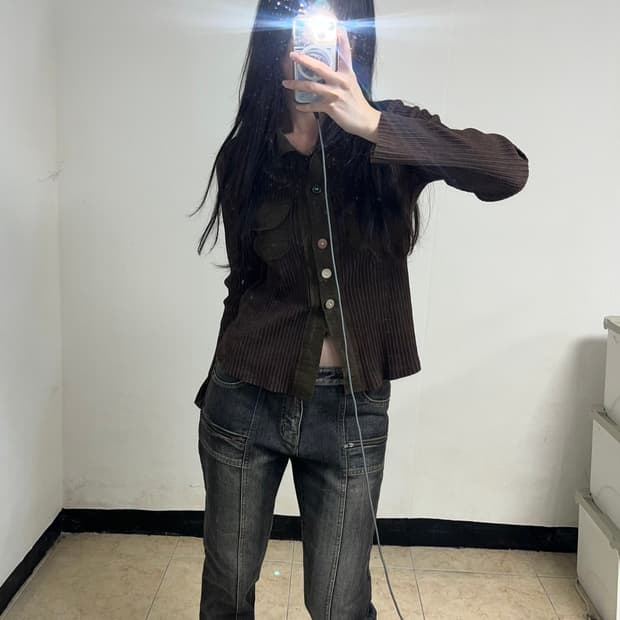그런지 브라운 새틴 골지 셔츠 (단추 분실)