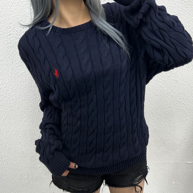 폴로 랄프로렌 레드포니 네이비 꽈배기 니트 L