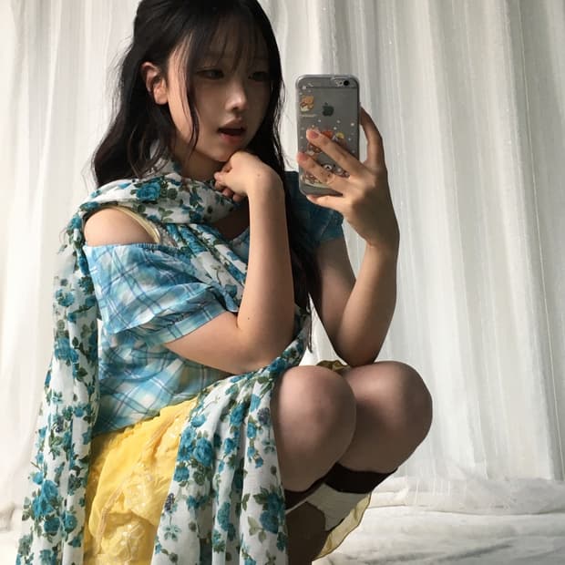 빈티지 블루 옐로우 플라워 체크 코디세트