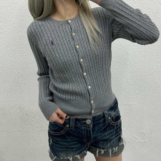 폴로 랄프로렌 퍼플포니 그레이 꽈배기 니트 가디건 L