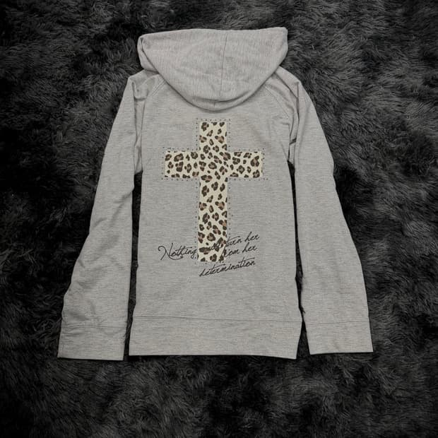 브라운 호피 십자가 그레이 Y2K 후드집업