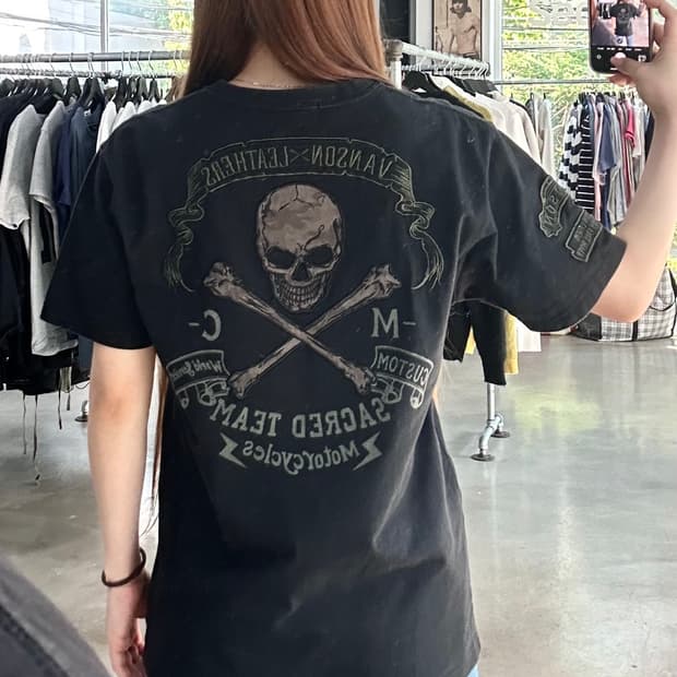 벤슨 그린 스컬자수 모토사이클 반팔티