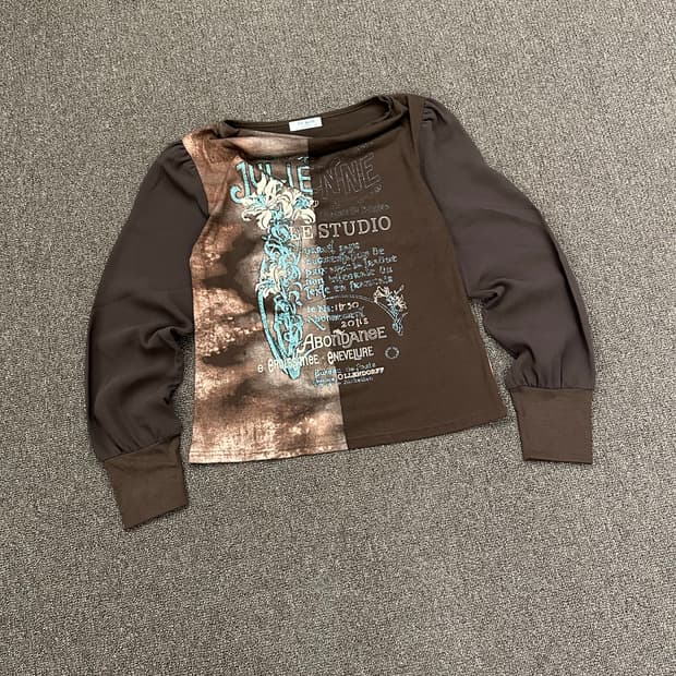 M)Japanese vintage y2k 프린팅 브라운 오프숄더 롱슬리브