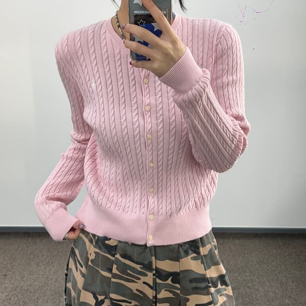 Polo 폴로 화이트포니 핑크 케이블 니트가디건