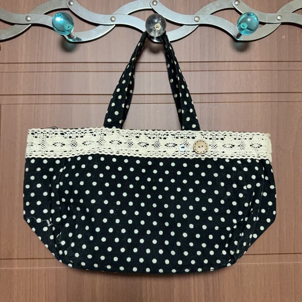 모리걸 하구미 일본 빈티지 코듀로이 블랙 도트 레이스 핸드백 지갑