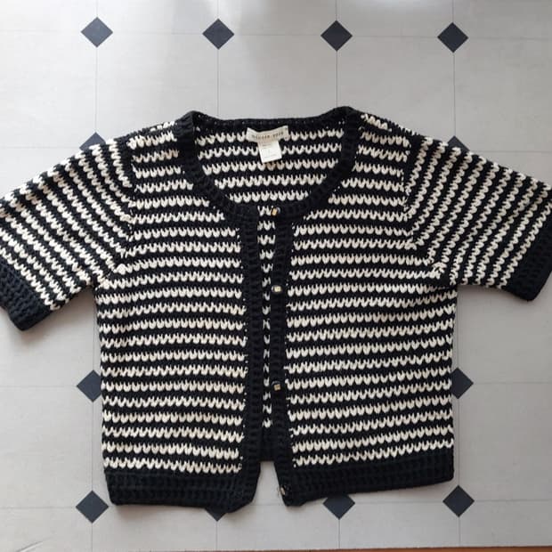 스트라이프 크롭 니트 반팔 가디건 S