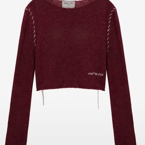 마뗑킴 슬림핏 시스루 스티치 니트팁 버건디