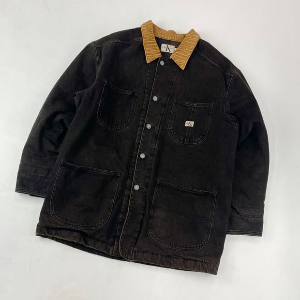 90s 켈빈클라인 포켓 코듀로이 카라 흑청 초어 블랭킷 워크 자켓 (10