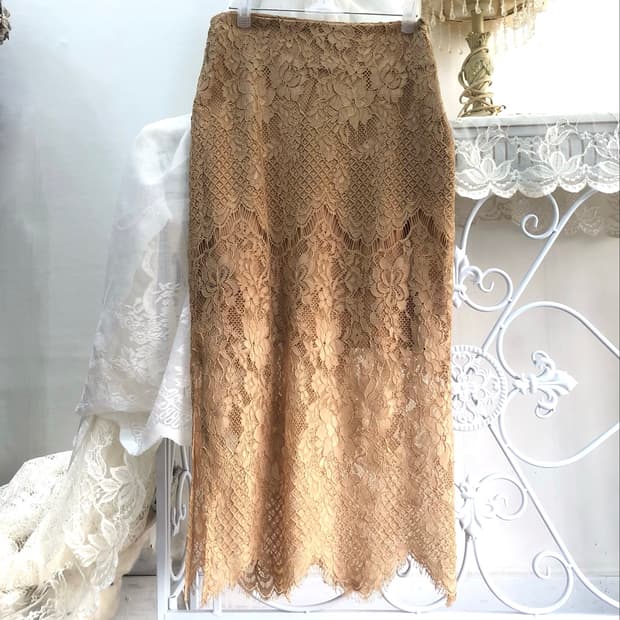 beige floral lace midi skirt