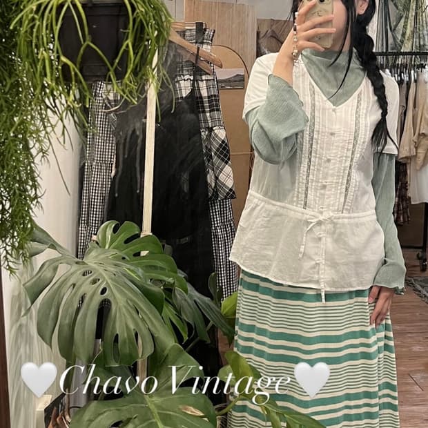 빈티지 그린 모리 코디세트 (스트라이프 스커트, 화이트 레이스 블라우스)