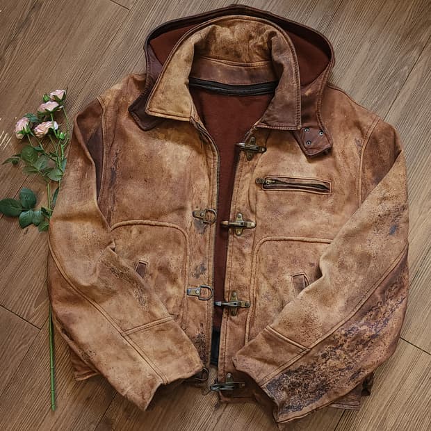 90s 프렌치 파이어맨 가죽자켓 헤비레더 바이커 봄버 레더자켓 52