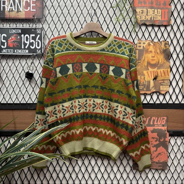 JPN VINTAGE 노르딕 패턴 울 니트 스웨터 그린 브라운
