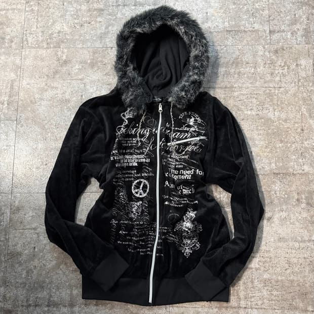 펑크 디테일 퍼 탈착 벨루어 후디드 집업