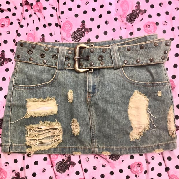 y2k 연청 데미지 미니스커트 벨트 세트 빈티지 니혼진 오네갸루 히메