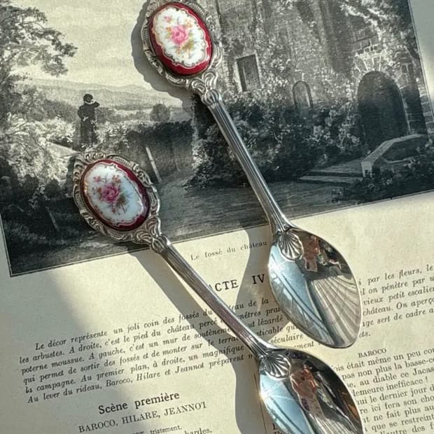 일본 실버플레이트 포셀린장식 티스푼세트