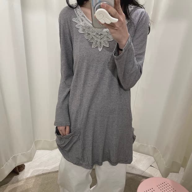 언발 포켓 스트라이프 레이어드 티셔츠 원피스