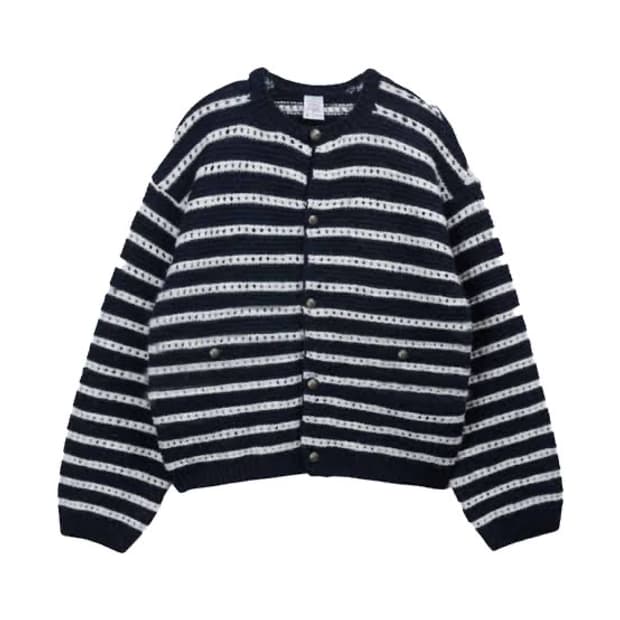 stu 라운드넥 스트라이프 가디건 네이비