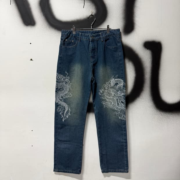 VTG 빈티지 카라쿠리맛 오리엔탈 용 자수 디테일 데님 와이드 팬츠