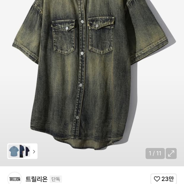 트릴리온 레인 슬럽 워싱 오버핏 데님 반팔셔츠 딥블루