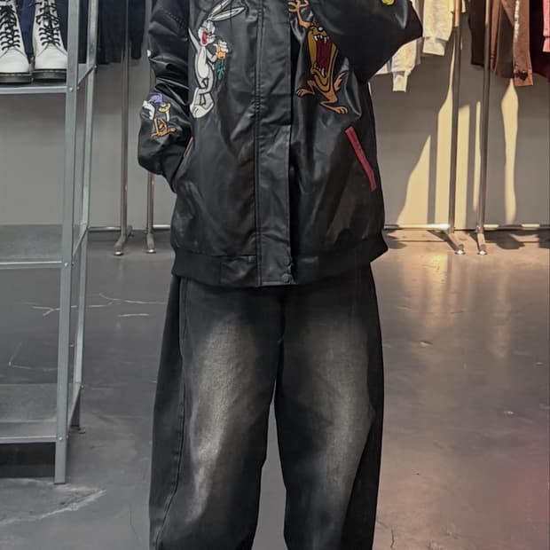 빈티지 루니툰즈 카툰 로고 레더 자켓 A3556