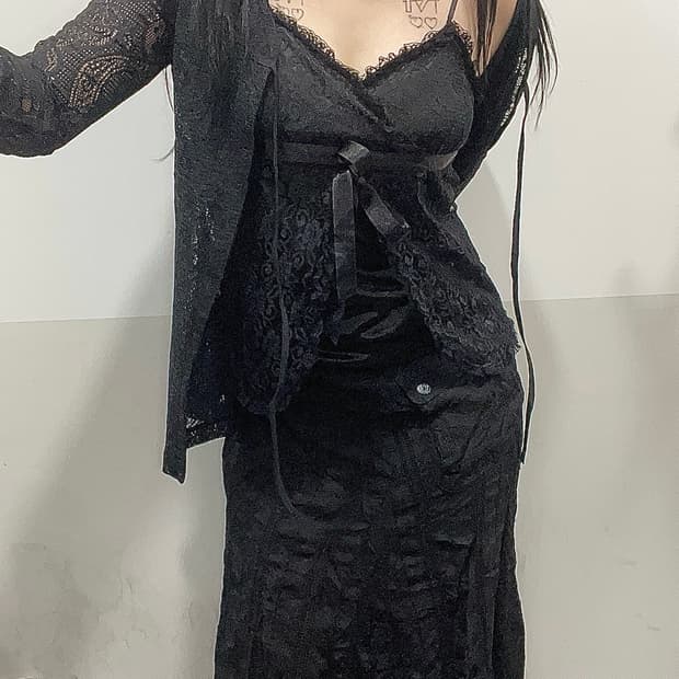 Vtg 다크 페어리 레이스 블랙 섹시 풀 코디 세트🫧