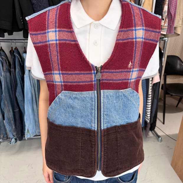 Bean Pole jeans 체크 패치워크 데님 베스트