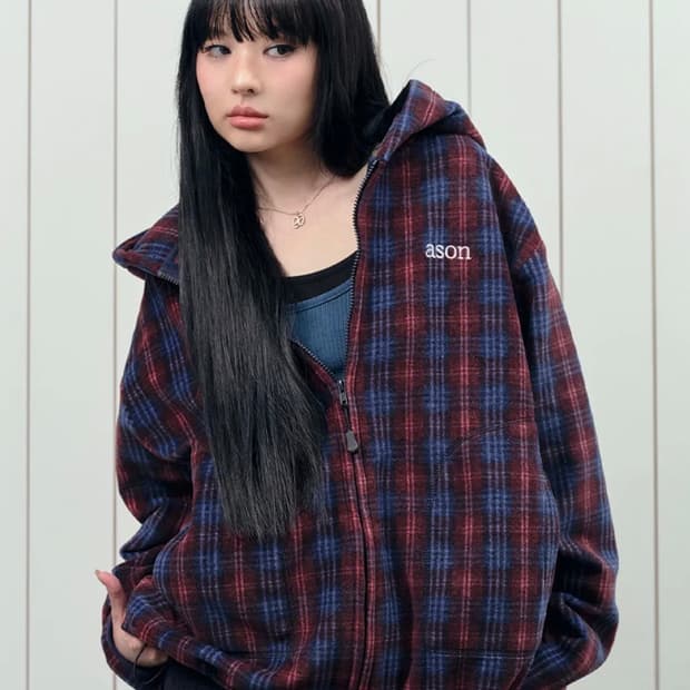 애즈온 체크 플리스 후드집업