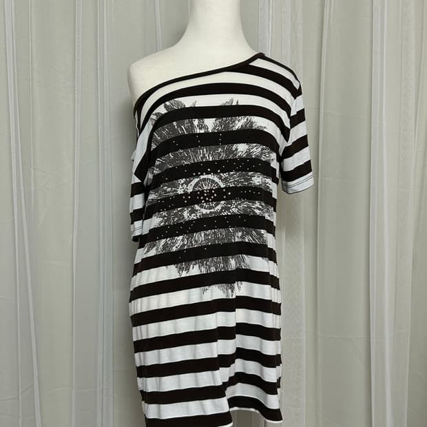 플라밍고 Y2K 브라운 스트라이프 큐빅 루즈핏 탑