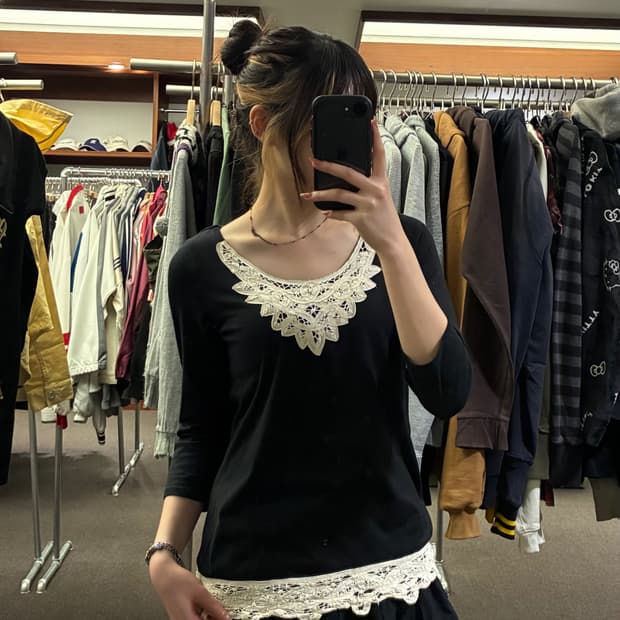 L)Japanese vintage 여성 블랙 레이스 롱슬리브 