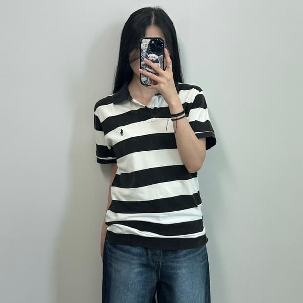 폴로 랄프로렌 자수로고 단가라 피케 럭비 반팔 카라 티셔츠