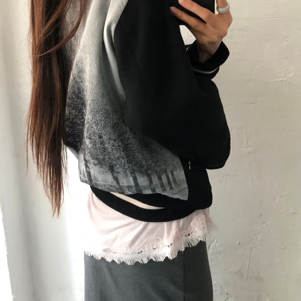 agnès b 아네스베 블랙 아트 그래픽 봄버 자켓