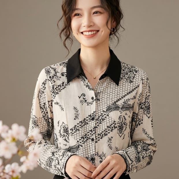 카타리나 아이보리 블랙 카라 플라워 자수 블라우스 55